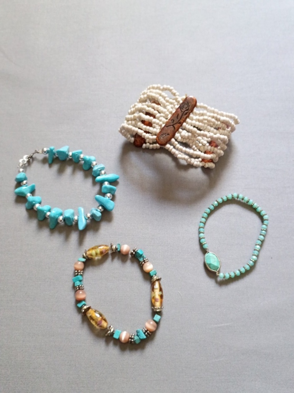 4- Turquoise Color Boho Eclectic Stone Bead  Stretch Vtg Bracelets Jewelry